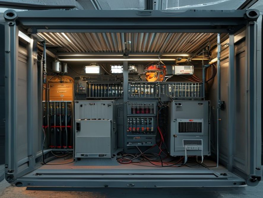 Inside a custom skid container mobile substation, showcasing integrated electrical components.
