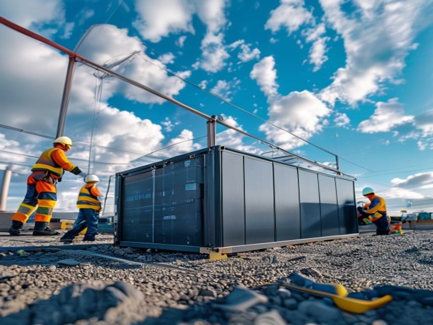 Modular battery containers being deployed at a utility substation for fast grid support
