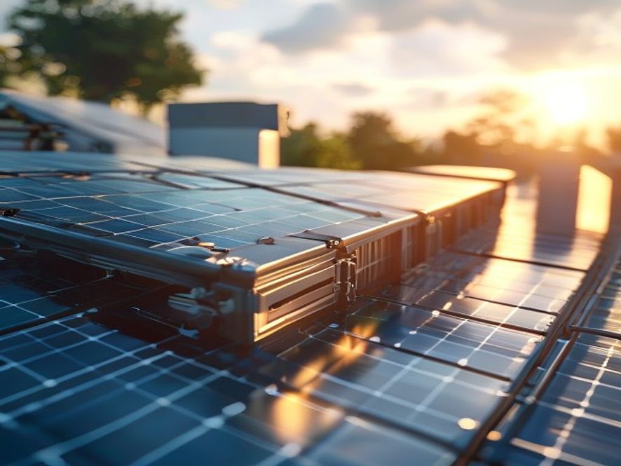 Core components of a commercial solar system: PV panels and battery storage.